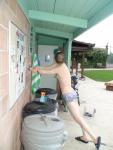 stretching in Pirates swimsuit by designer Ami Sanzuri