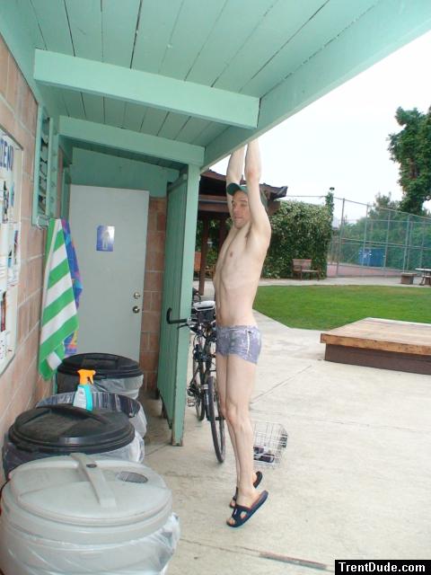 stretching in Pirates swimsuit by designer Ami Sanzuri