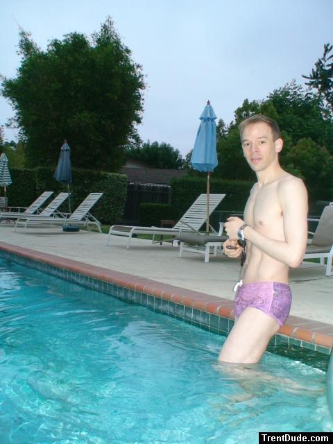 swimming in a Ami Sanzuri Swimwear Square Cut Trunk ("MCMX Purple" Size Medium)