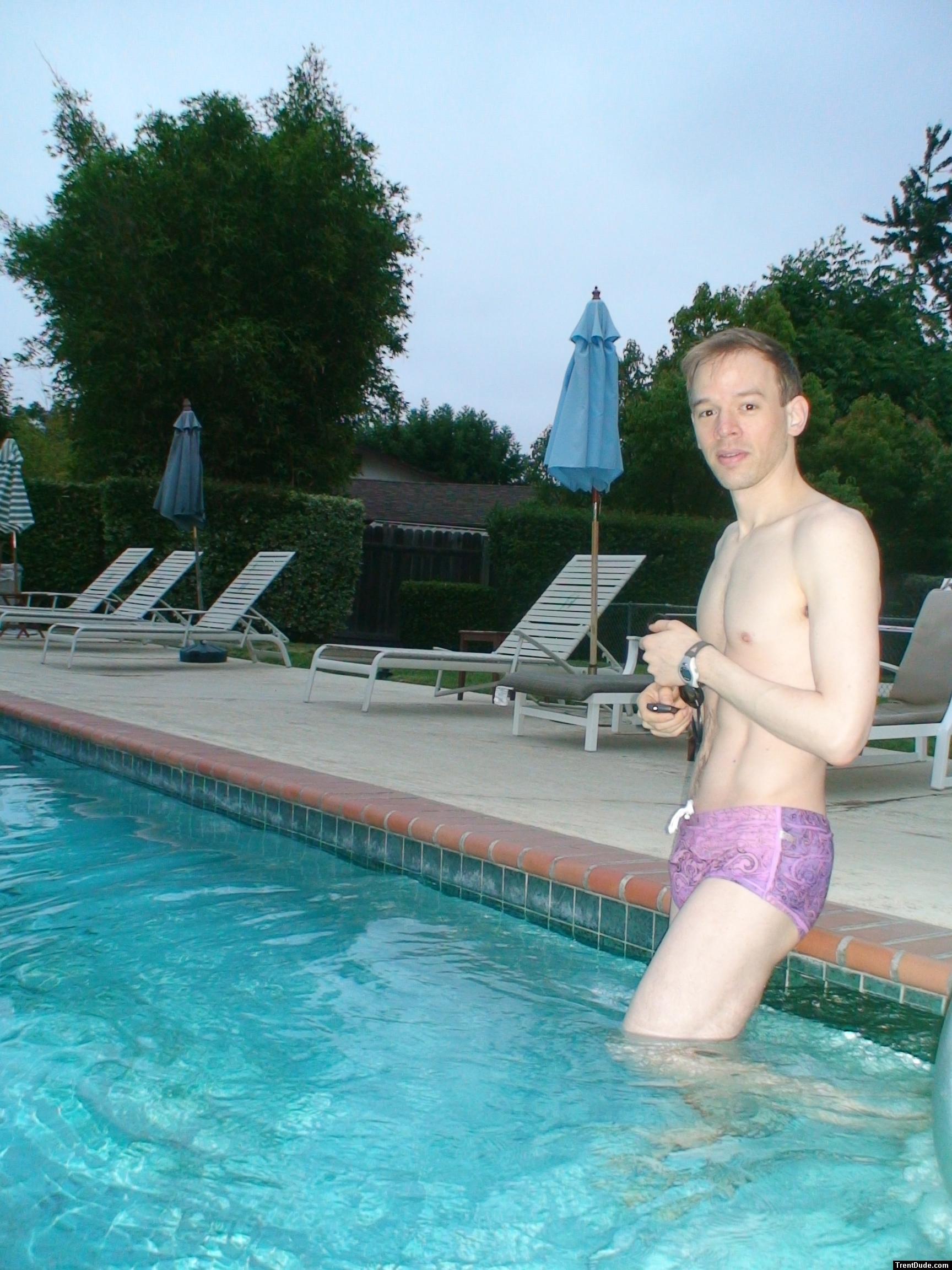 swimming in a Ami Sanzuri Swimwear Square Cut Trunk ("MCMX Purple" Size Medium)