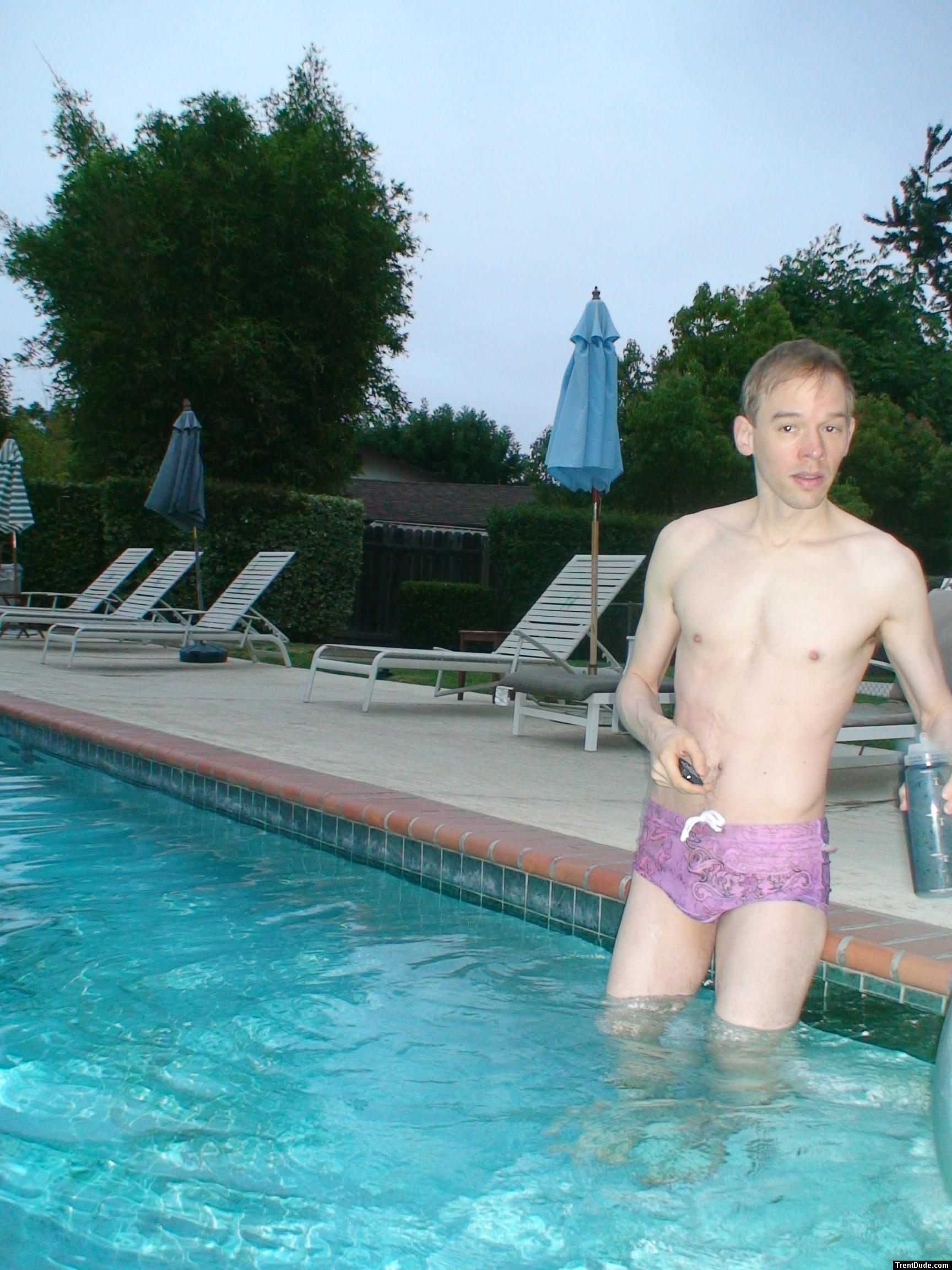 wearing a Ami Sanzuri Swimwear Square Cut Trunk (MCMX Purple Size Medium)