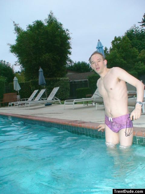 wearing a Ami Sanzuri Swimwear Square Cut Trunk (MCMX Purple Size Medium)