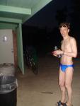 drinking in a blue speedo (pouch)