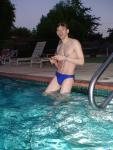 after a swim in a blue speedo