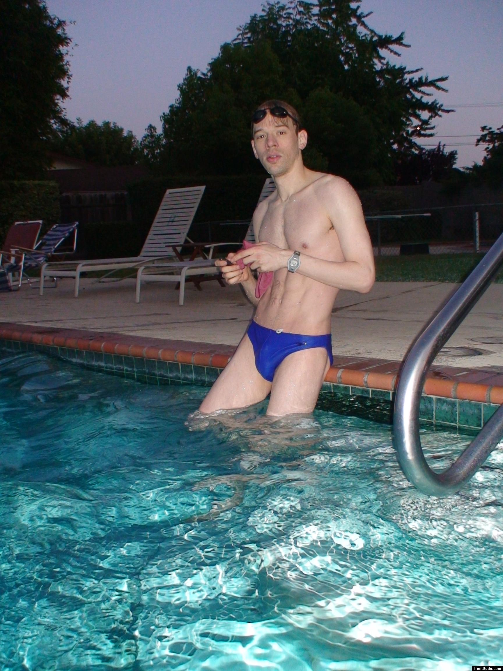 after a swim in a blue speedo