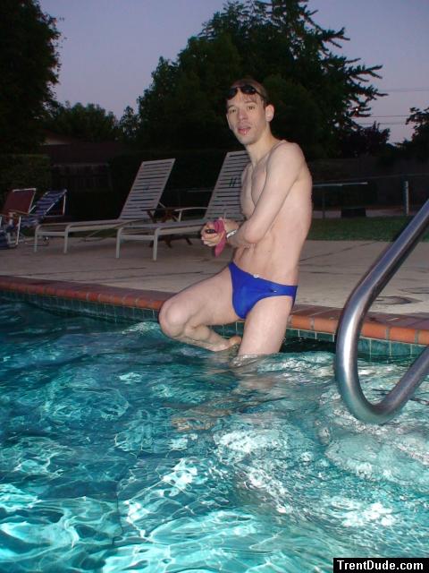 after a swim in a blue speedo