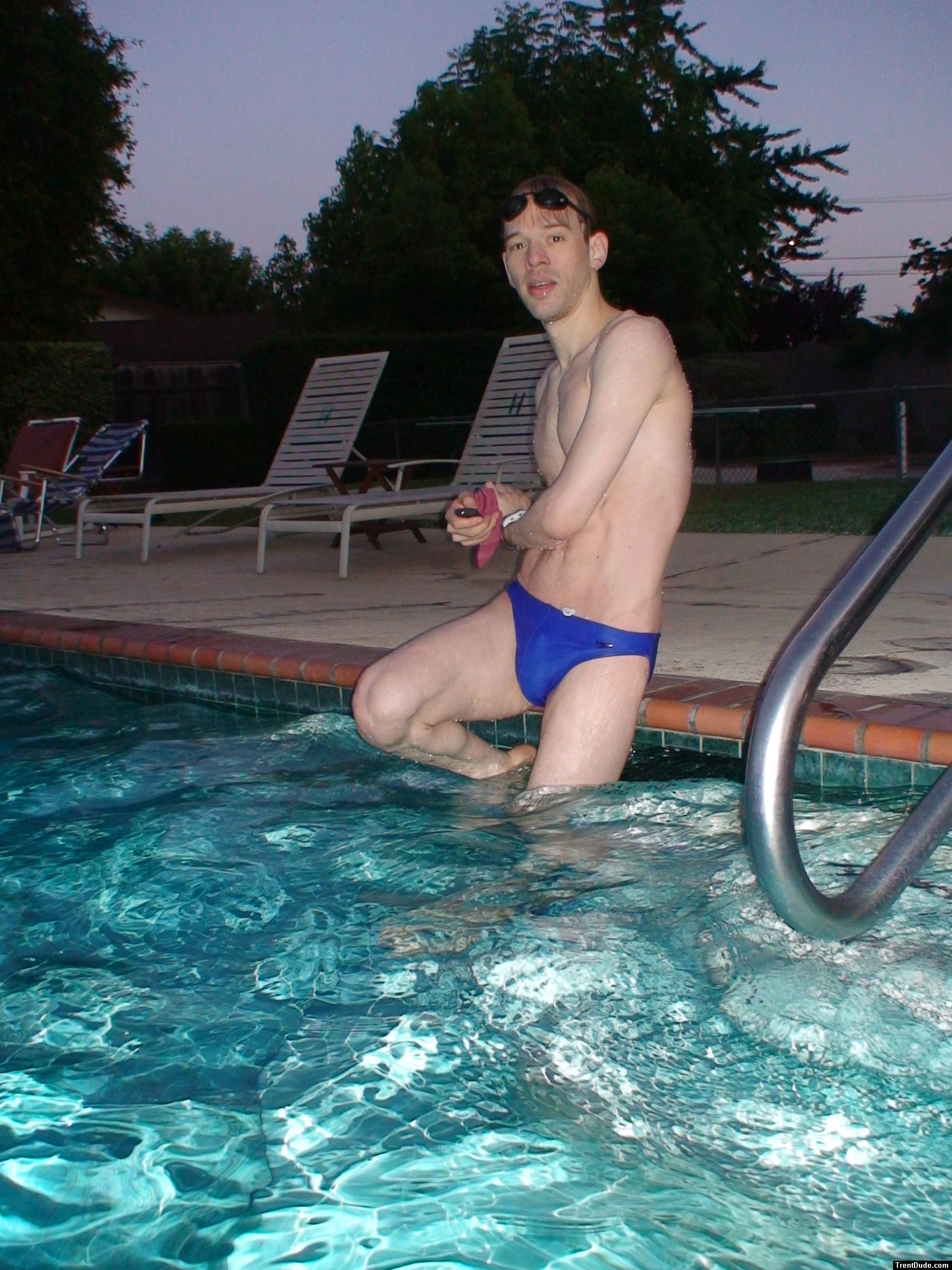 after a swim in a blue speedo