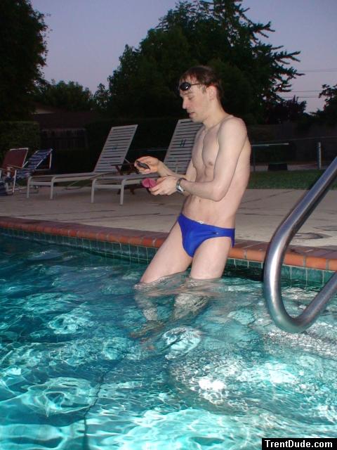 after a swim in a blue speedo