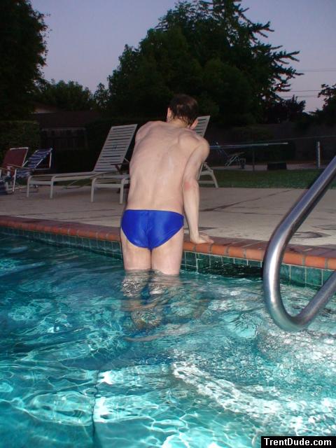 after a swim in a blue speedo