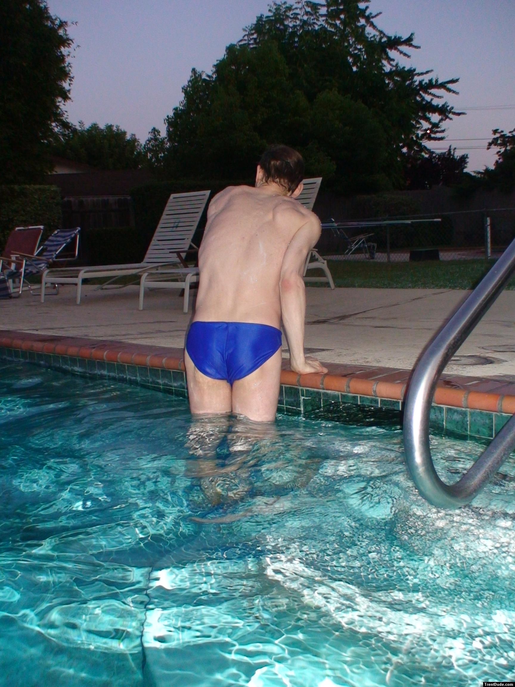 after a swim in a blue speedo