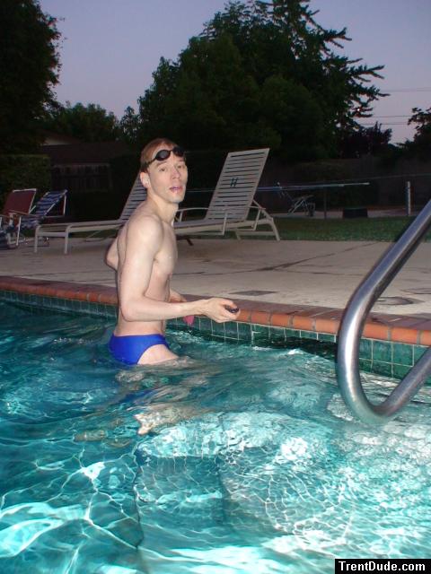 after a swim in a blue speedo