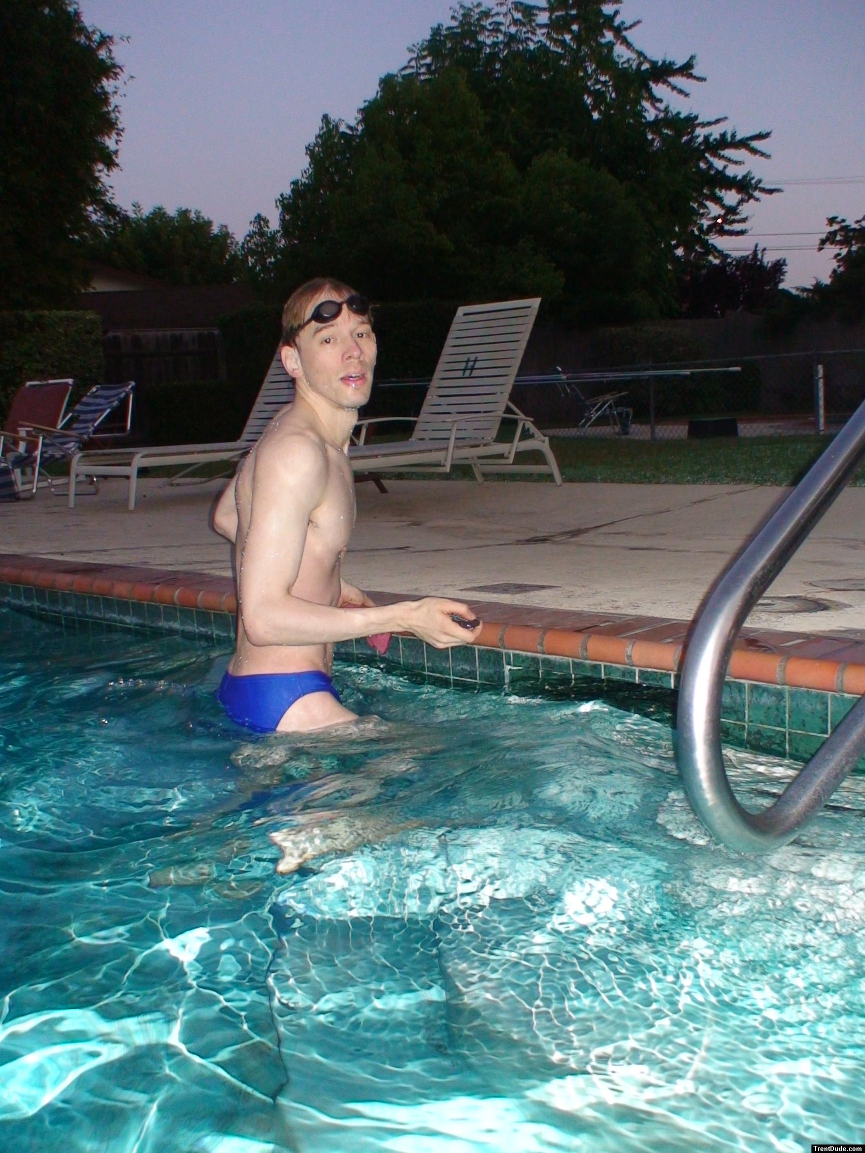 after a swim in a blue speedo