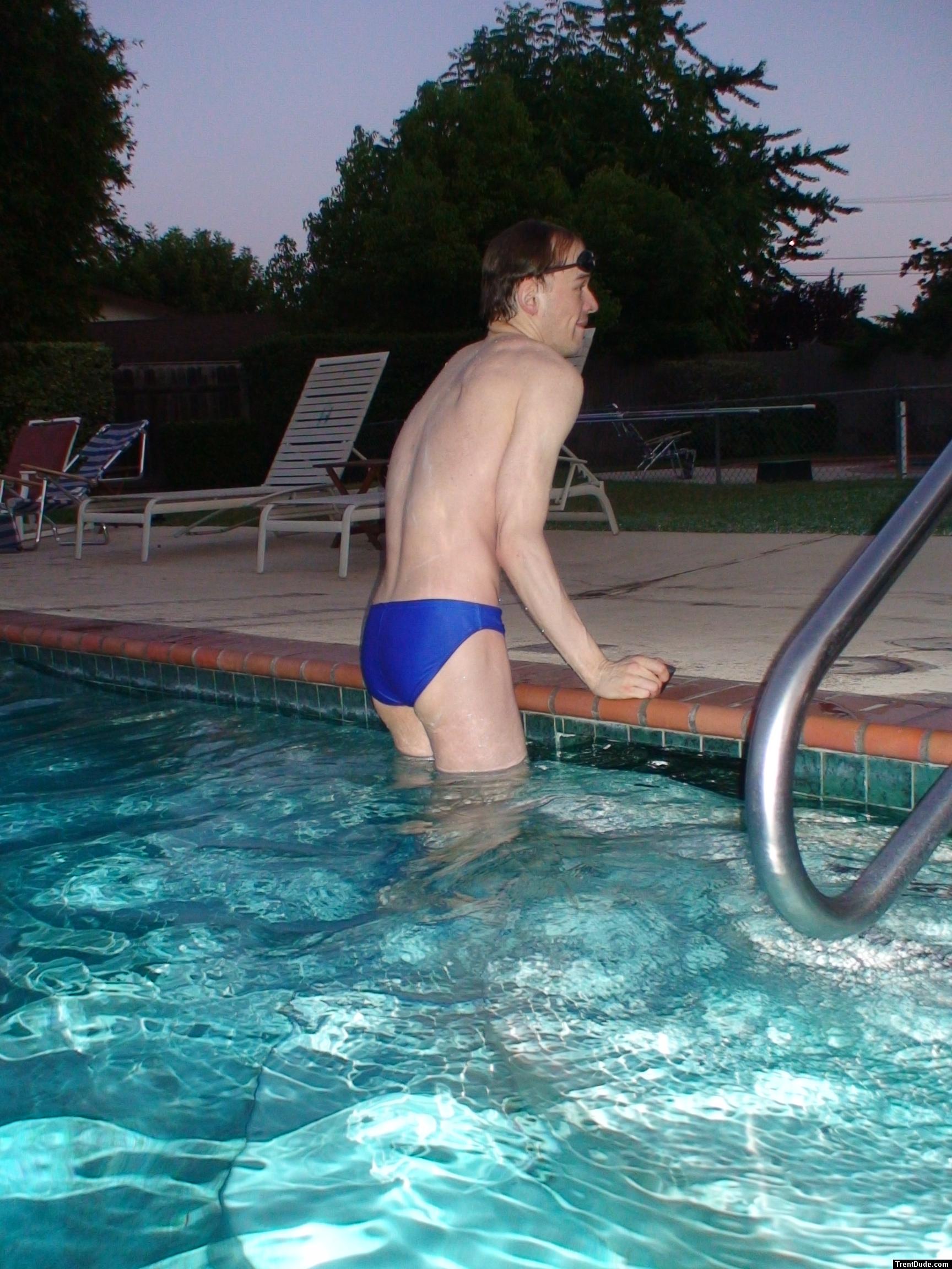 after a swim in a blue speedo