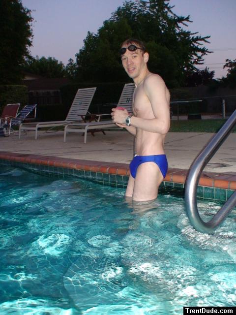 after a swim in a blue speedo