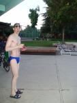 after a swim in a blue speedo