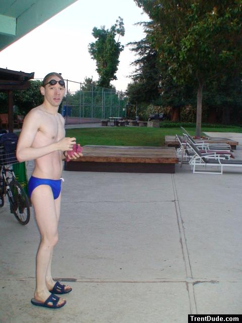 after a swim in a blue speedo