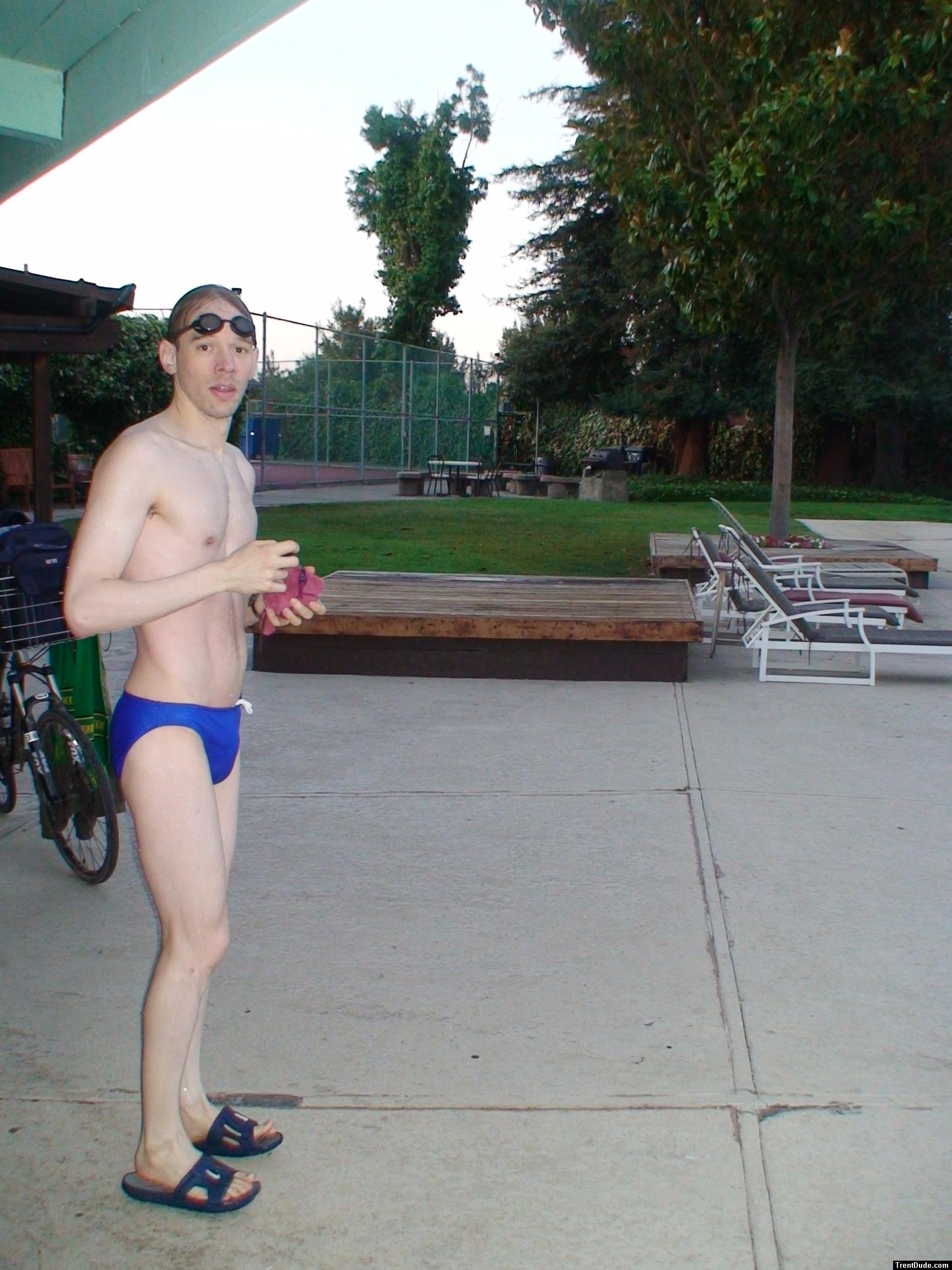 after a swim in a blue speedo