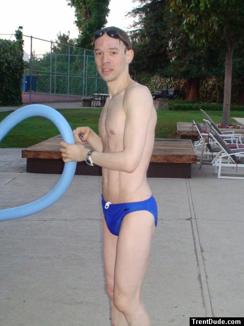 pool toys, after a swim in a blue speedo