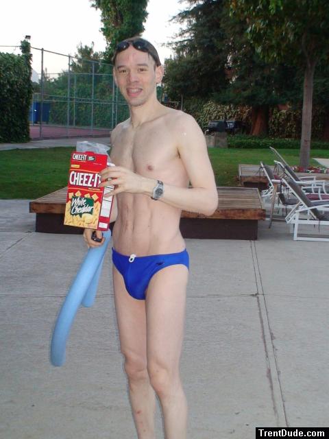 Cheez its, after a swim in a blue speedo