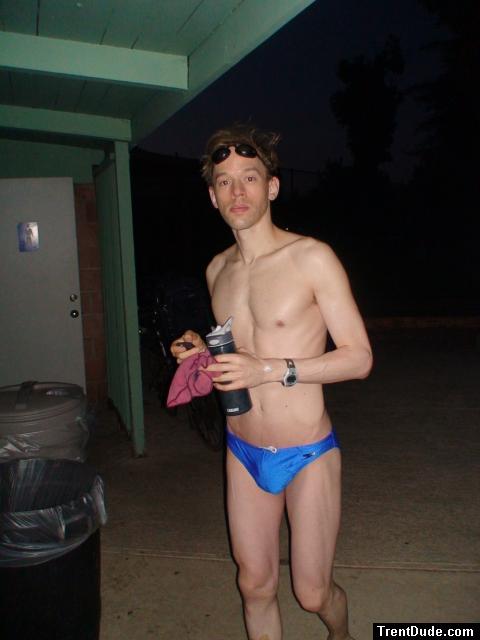 Running back to the locker room in a blue speedo (best) (pouch)
