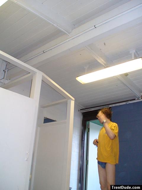 Blue Patagonia brief in the swim locker room