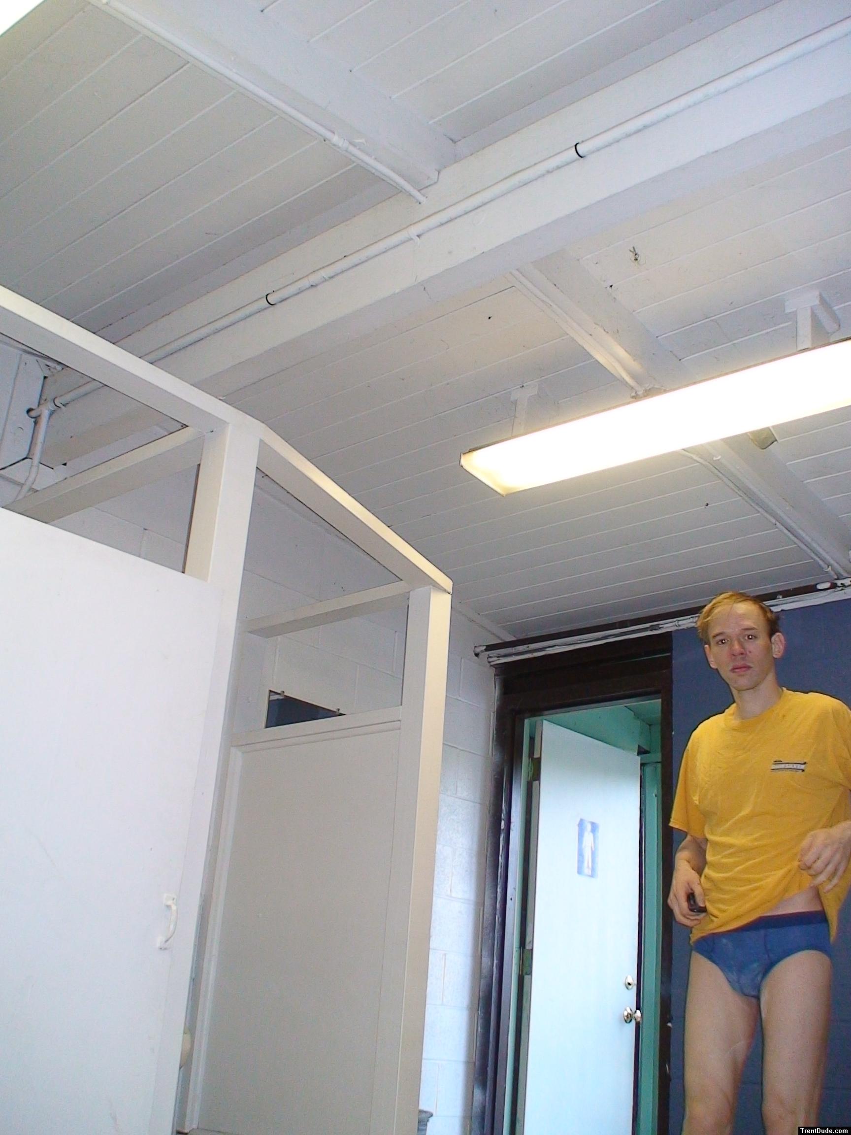 Blue Patagonia brief in the swim locker room