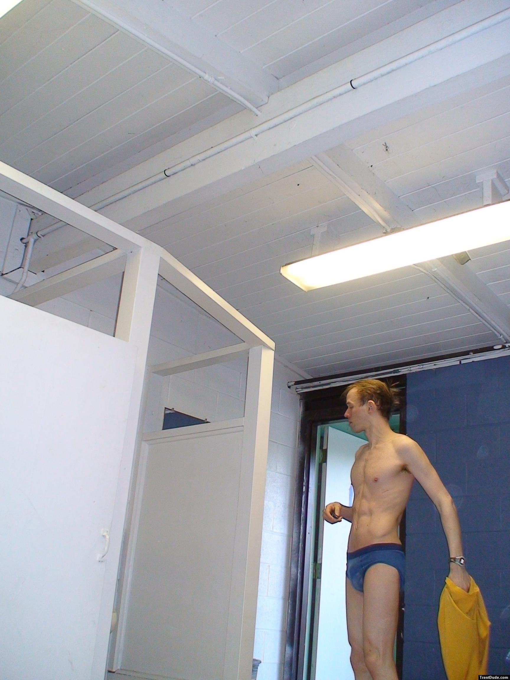 Blue Patagonia brief in the swim locker room