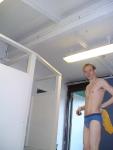 Blue Patagonia brief in the swim locker room