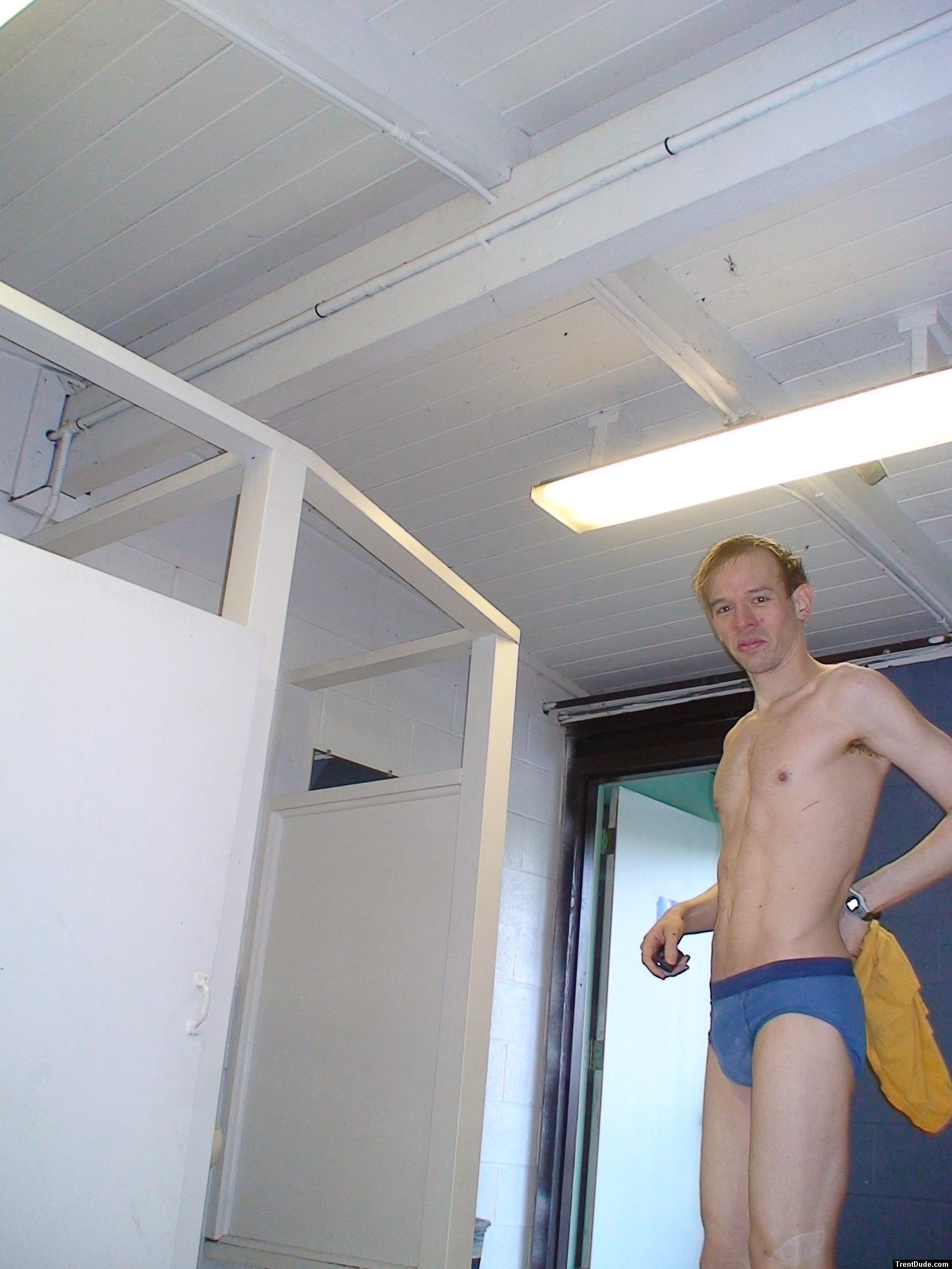 Blue Patagonia brief in the swim locker room