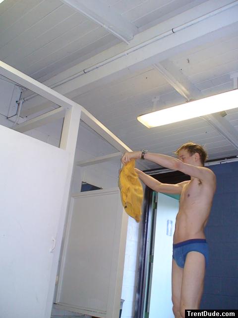 Blue Patagonia brief in the swim locker room, and yellow t-shirt (best)