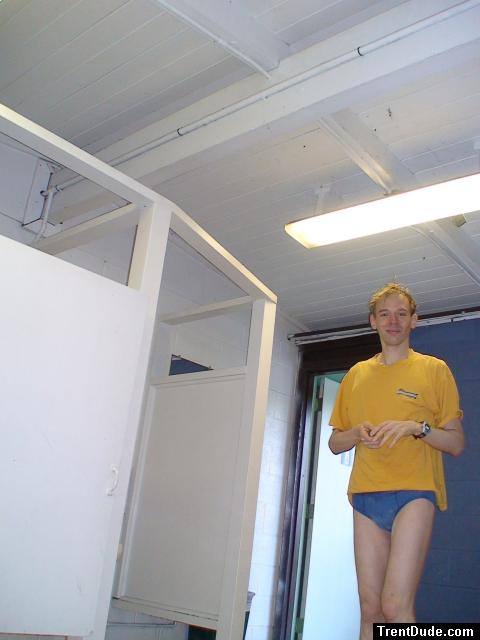 Blue Patagonia brief in the swim locker room