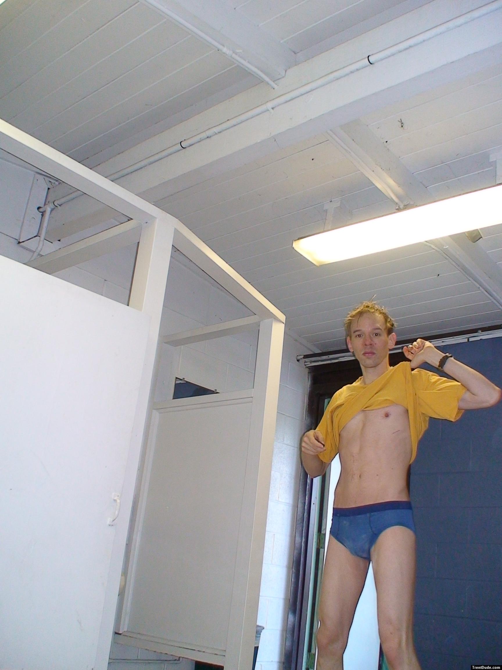 Blue Patagonia brief in the swim locker room