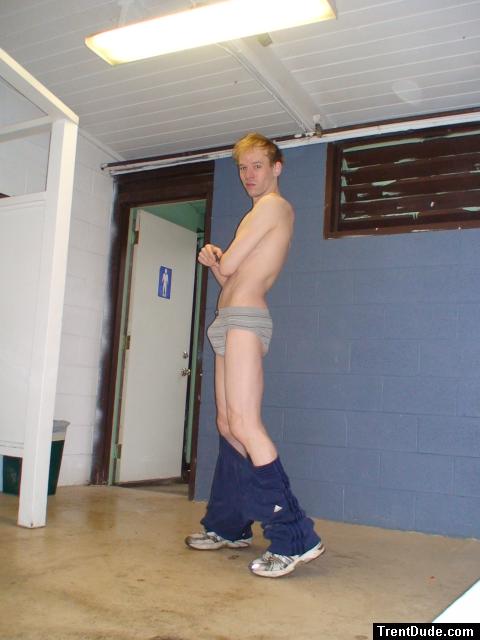 blonde dude wearing greay Tommy Hilfiger briefs, Addidas sweats (bulge)