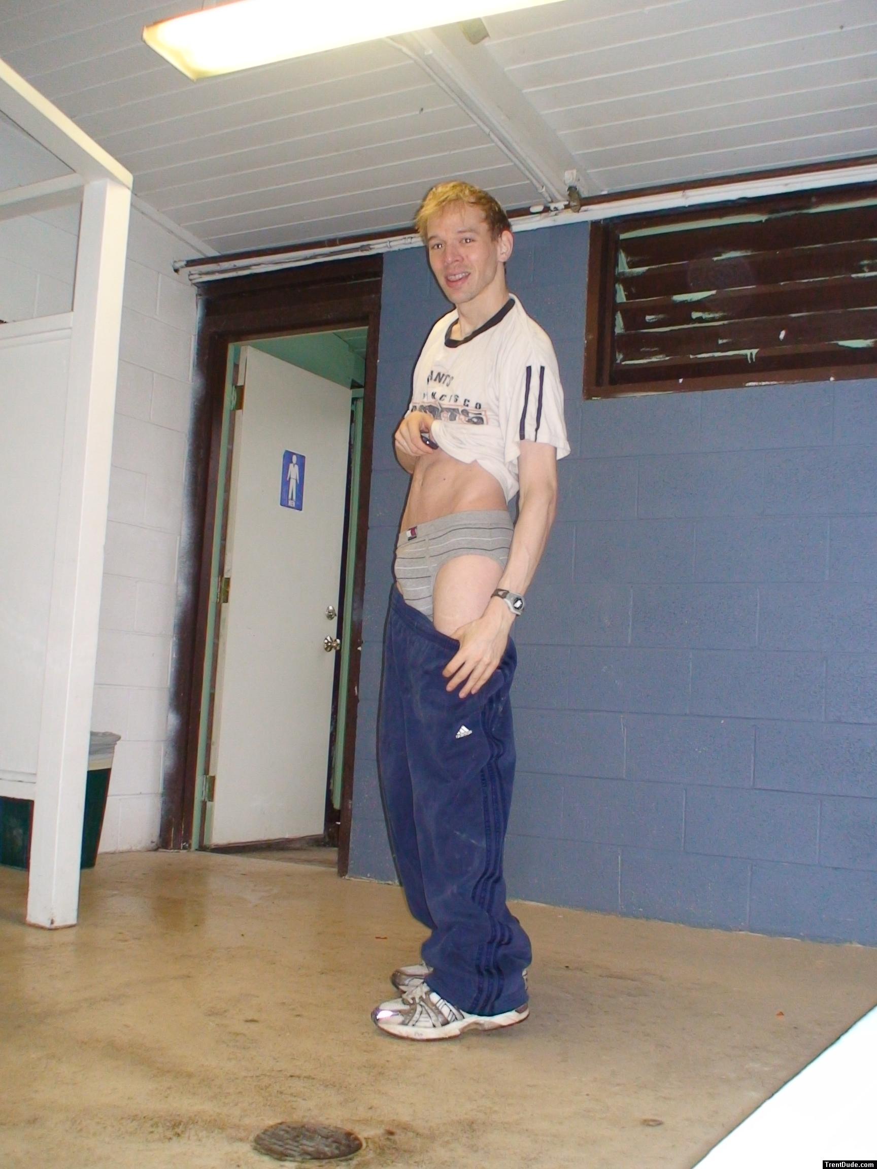 Adidas sweats over grey tommy underwear