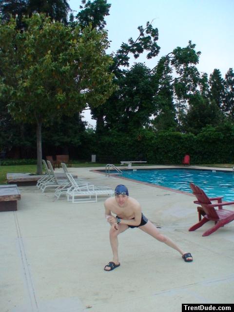 Calvin klein swim briefs at the pool, stretching
