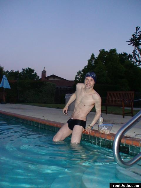 Stretching abdomen before morning swim