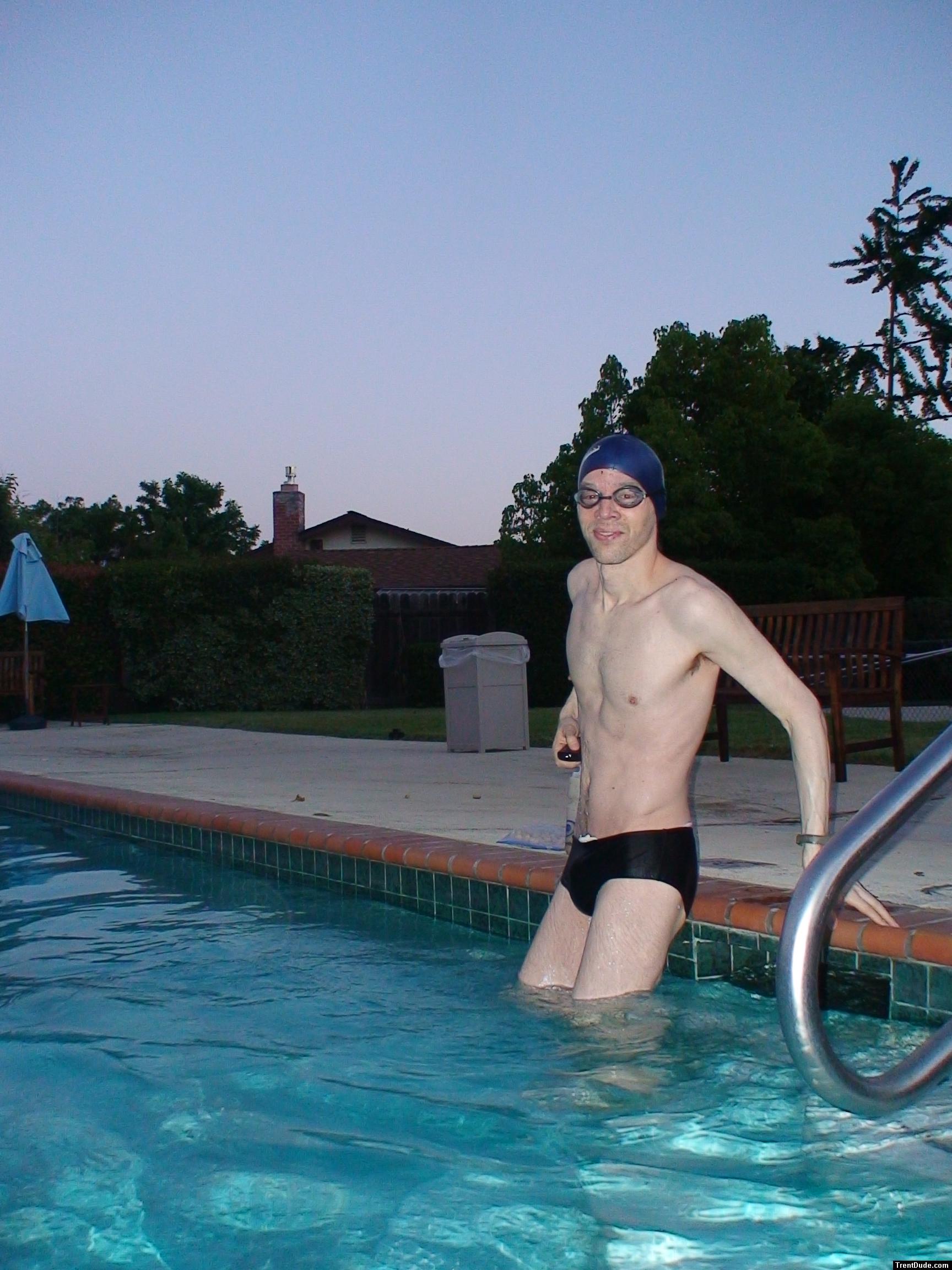 Vanquisher goggles on before a morning swim