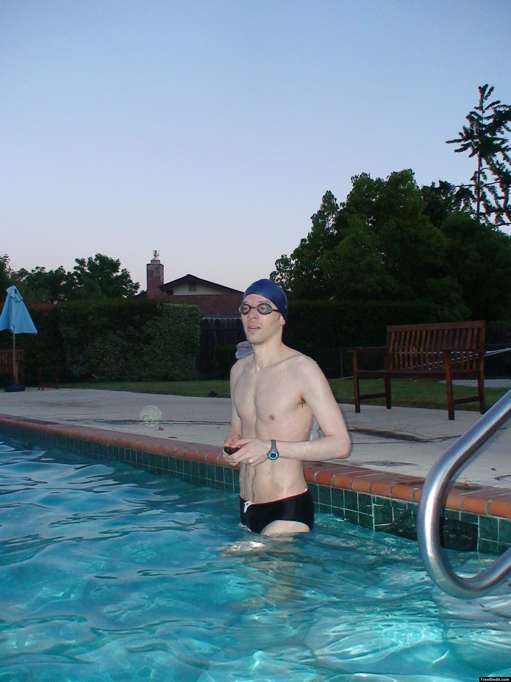 Vanquisher goggles on before a morning swim