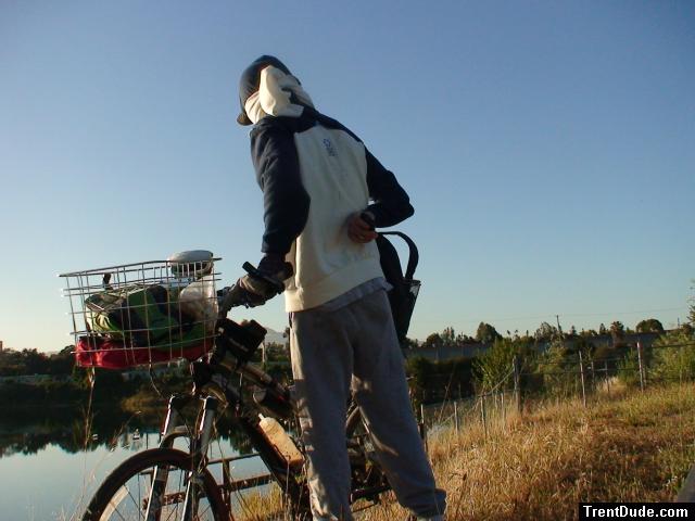 Sweats at the park (wearing a scarf for protection from hours of exposure to UVA/UVB rays from the sun) (rear)