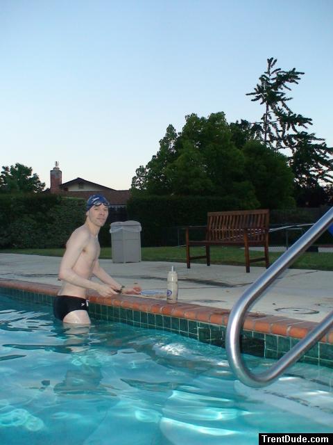 Black speedo at the swimming pool, blueberry antioxidant drink that he sips on throughout the swim workout