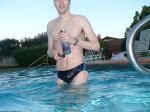 wearing a Nike black/blue speedo swim brief
