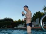 wearing a Nike black/blue speedo swim brief after a swim