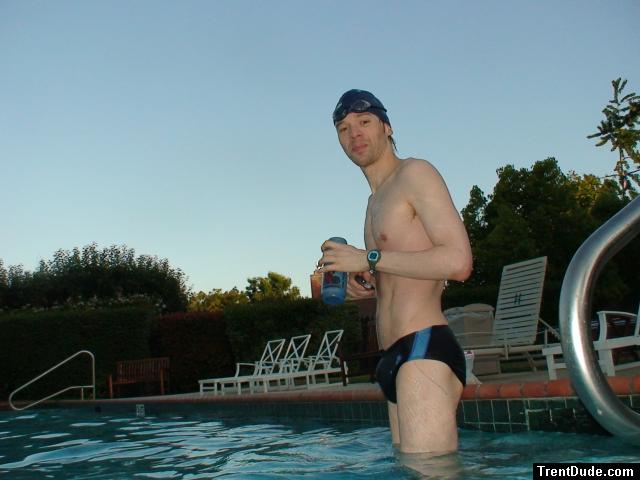 Standing in a Nike black/blue speedo swim brief (pouch)