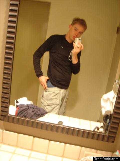 Blue Patagonia Underwear, in a hotel mirror