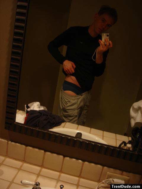 Blue Patagonia Underwear, in a hotel mirror, Nike Coolmax shirt!