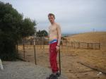 Outdoors by the stables  in Red Sweats, Calvin Klein  Pro Mesh underwear