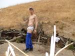 blue sweat pants falling down on the farm