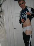 Fox Racing biking shirt, Nike cross training pants, showing white hanes underwear!