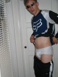 Fox Racing biking shirt, Nike cross training pants, showing white hanes underwear!