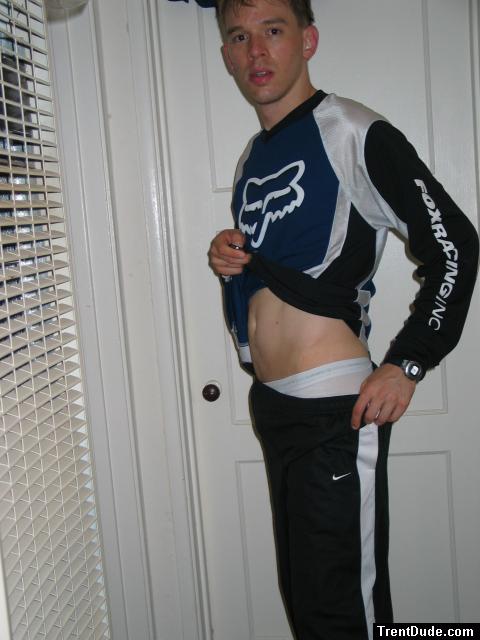 Fox Racing biking shirt, Nike cross training pants, showing white hanes underwear!